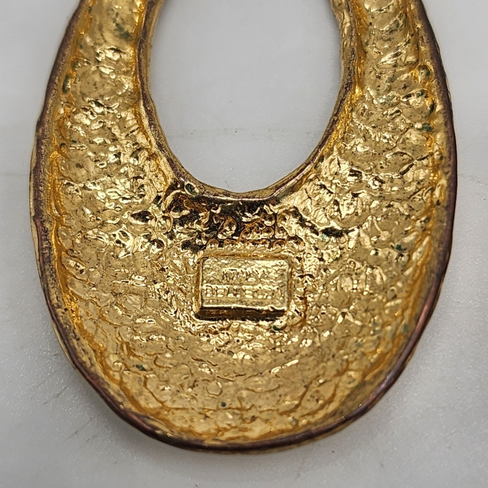 Vintage Bellezza Italy Hammered Gold Tone Dangle Oval Designer Pierced Earrings - Picture 8 of 11
